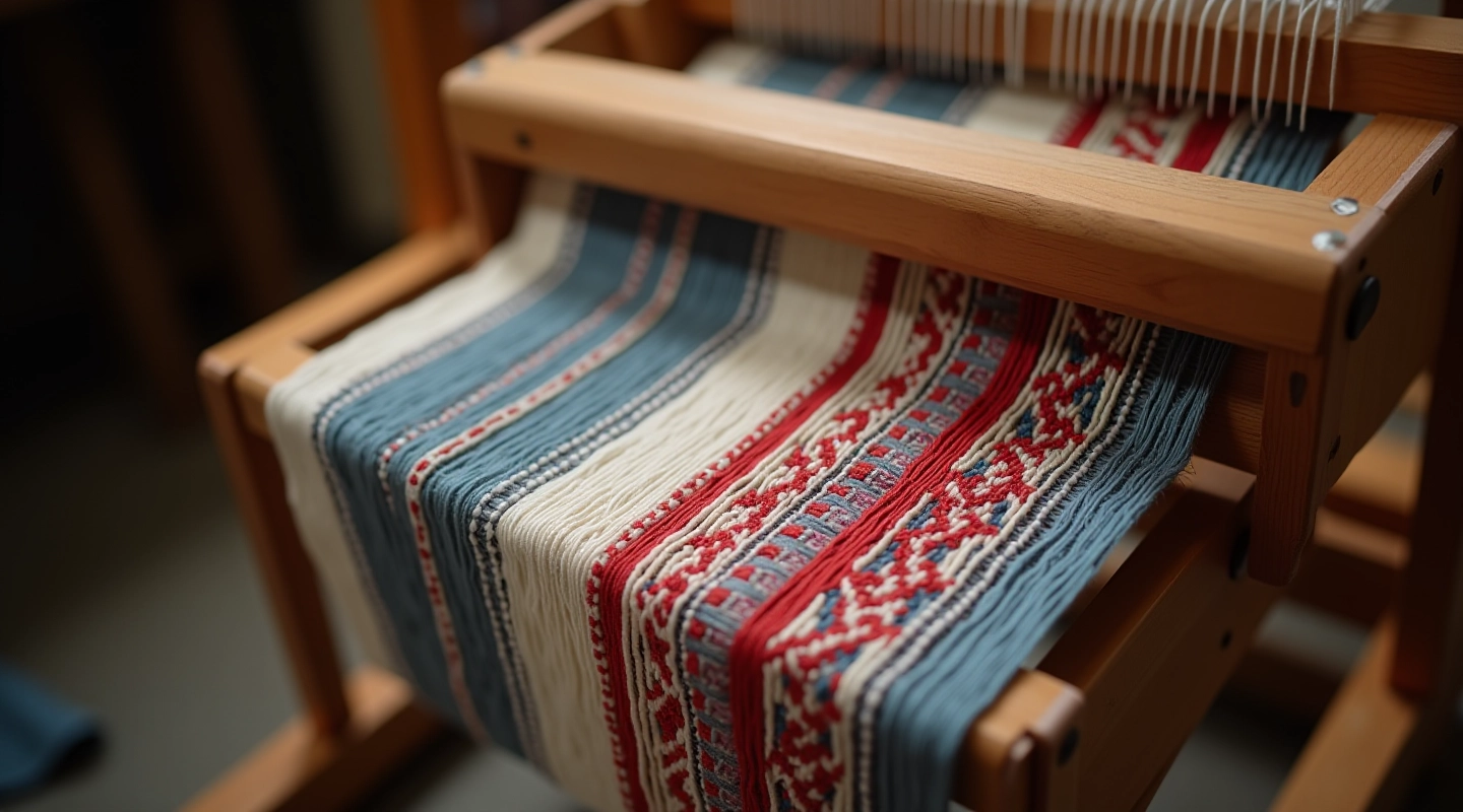 Traditional Latvian belt loom with colorful threads and woven patterns