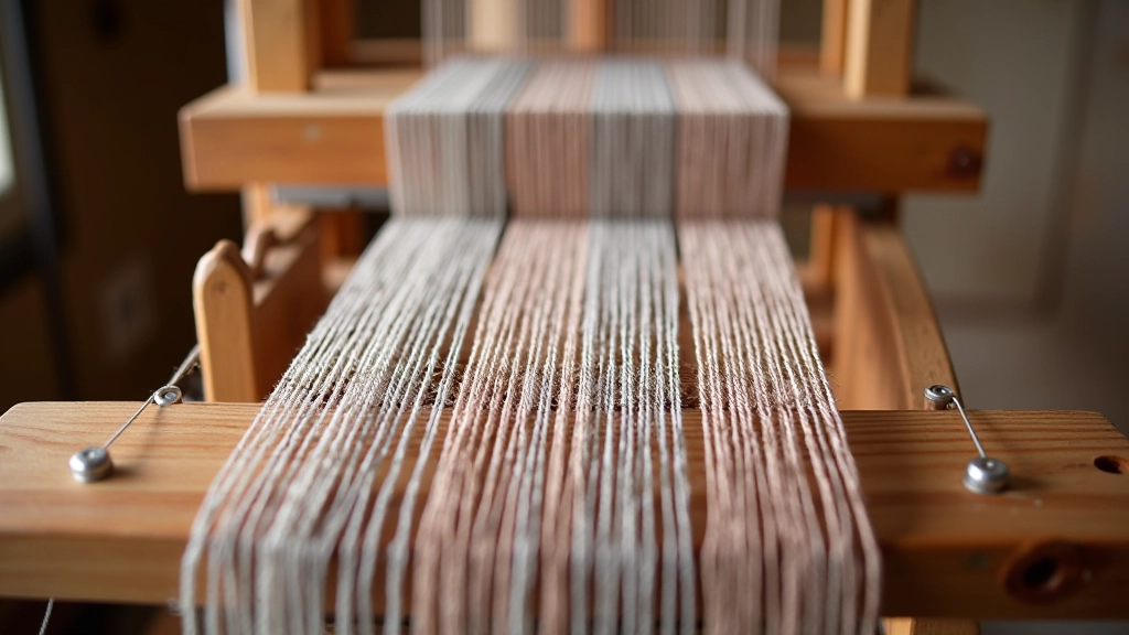 Warp threads attached to belt loom, showing even spacing and tension from top to bottom bar, multiple threads in progress