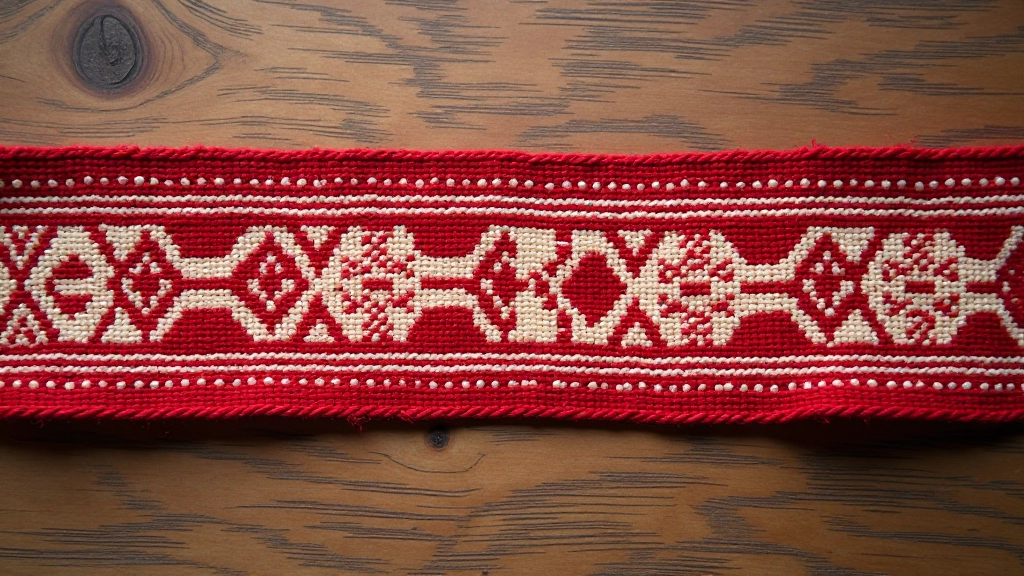 Traditional woven belt pattern in vibrant red and cream colors