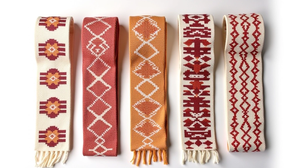 Five completed small Latvian woven belt samples showing different traditional patterns side by side