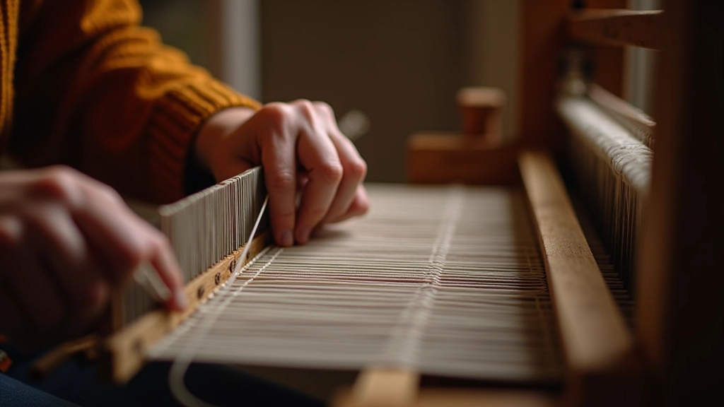 Hand adjusting tension screw on belt loom, demonstrating proper technique for tightening warp threads