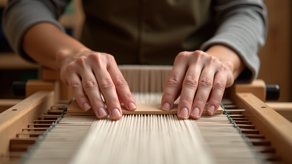 Hands pushing batten forward to beat down weft threads on traditional belt loom