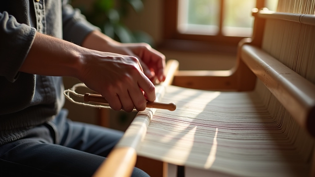 Hands threading weft yarn through separated warp threads during shuttle pass on traditional Latvian loom