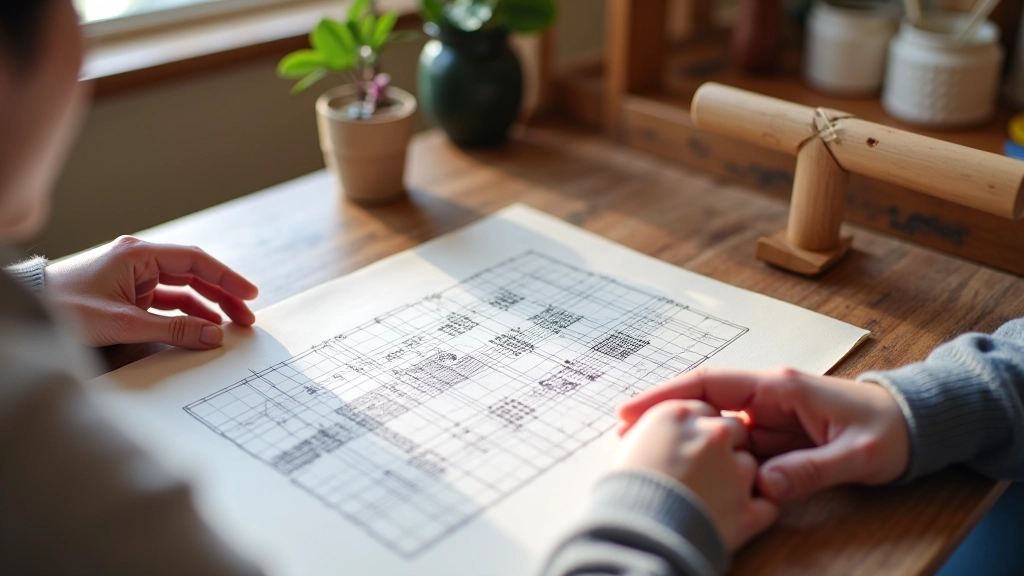 Hands pointing at pattern chart symbols, weaver explaining chart notation during lesson
