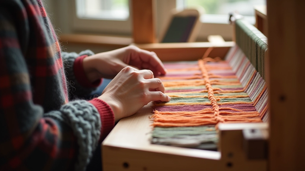 Hands demonstrating basic weaving technique on traditional Latvian belt loom with natural light