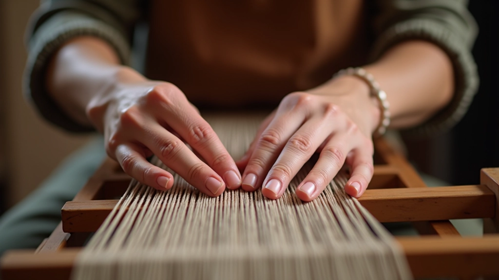 Close-up of hands maintaining even tension on traditional belt loom with white and colored threads