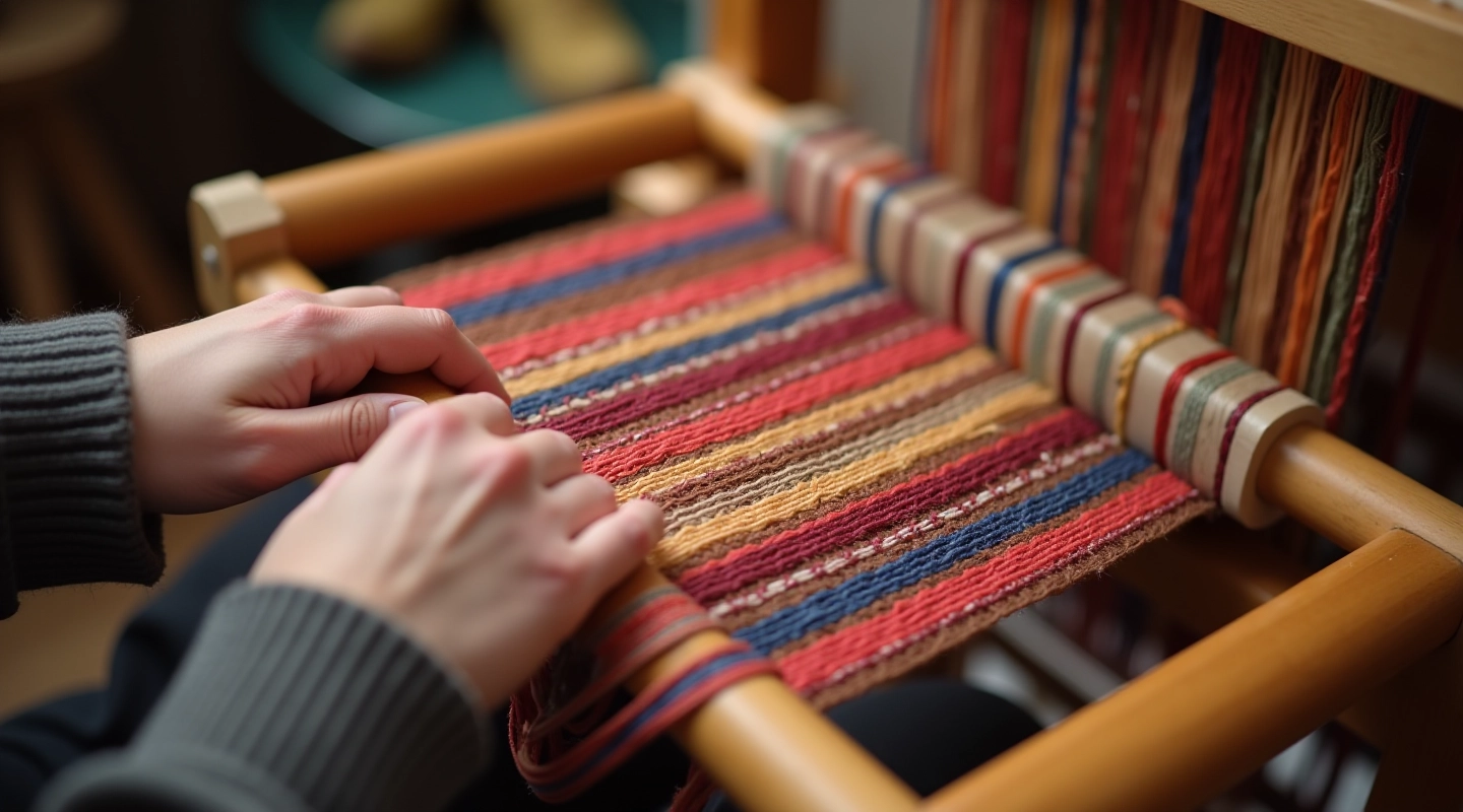 Close-up of hands working on traditional wooden belt loom with colorful wool threads