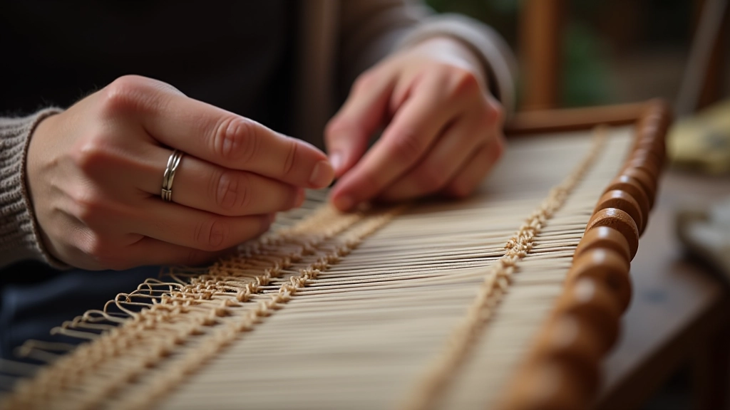 Threading process on belt loom showing multiple warp threads being attached, demonstration of proper spacing and knot technique