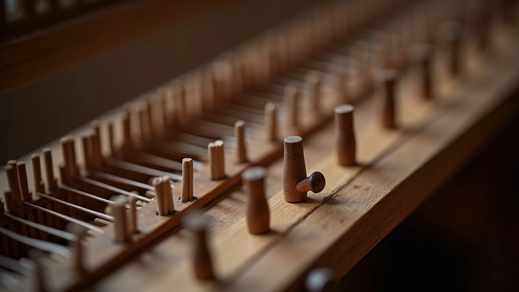 Close-up of heddle bar showing metal or wooden pegs arranged in rows, used to lift warp threads in belt loom weaving