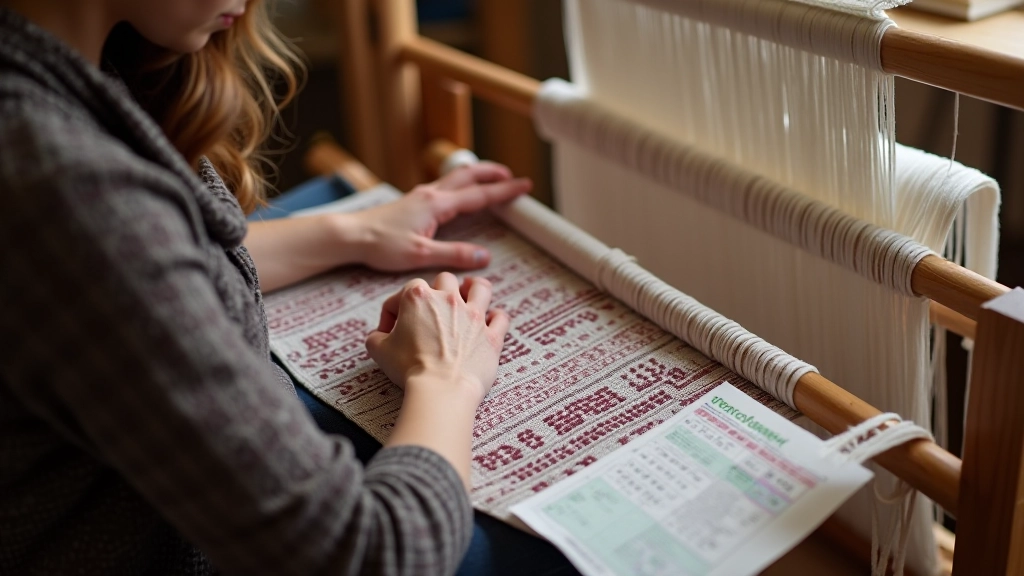 Weaver working at loom with printed pattern chart placed on stand next to workspace