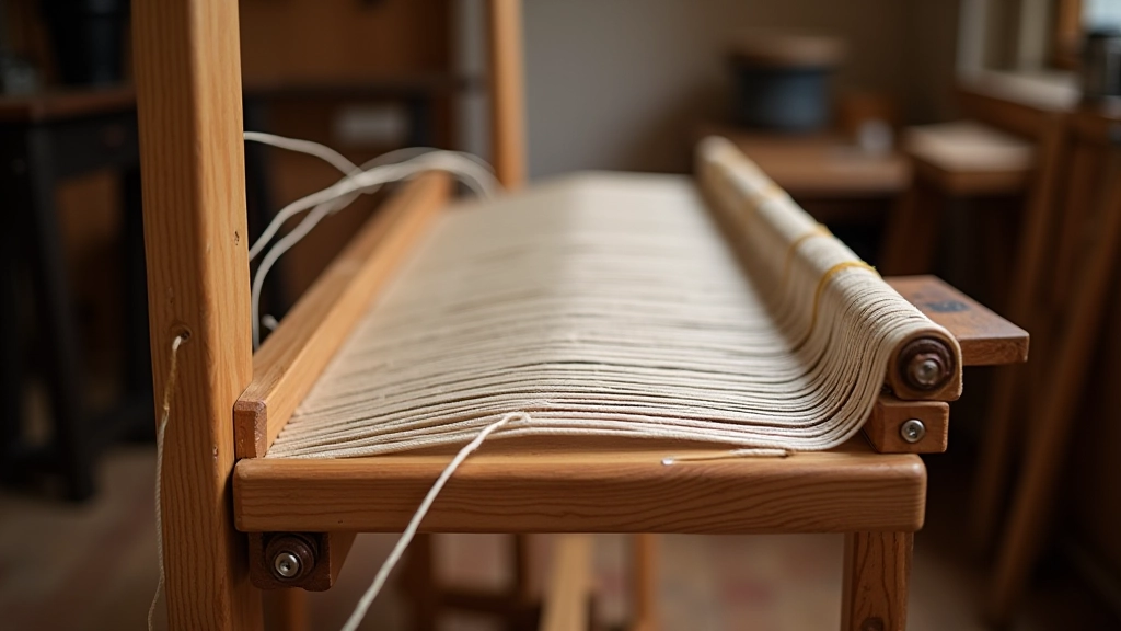 Wooden belt loom frame showing warped threads ready for weaving