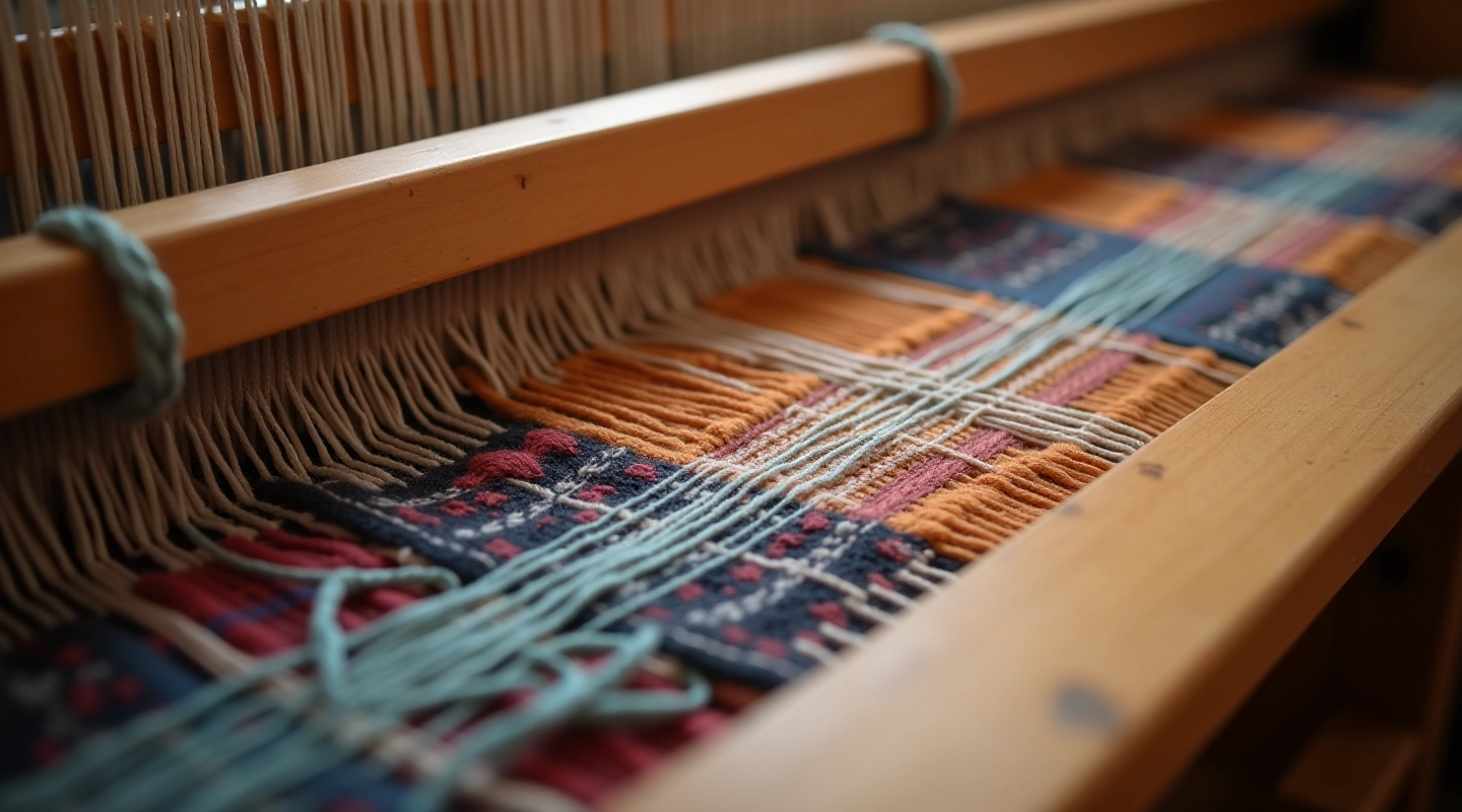 Close-up of traditional Latvian belt loom with wooden frame and colorful wool threads in progress
