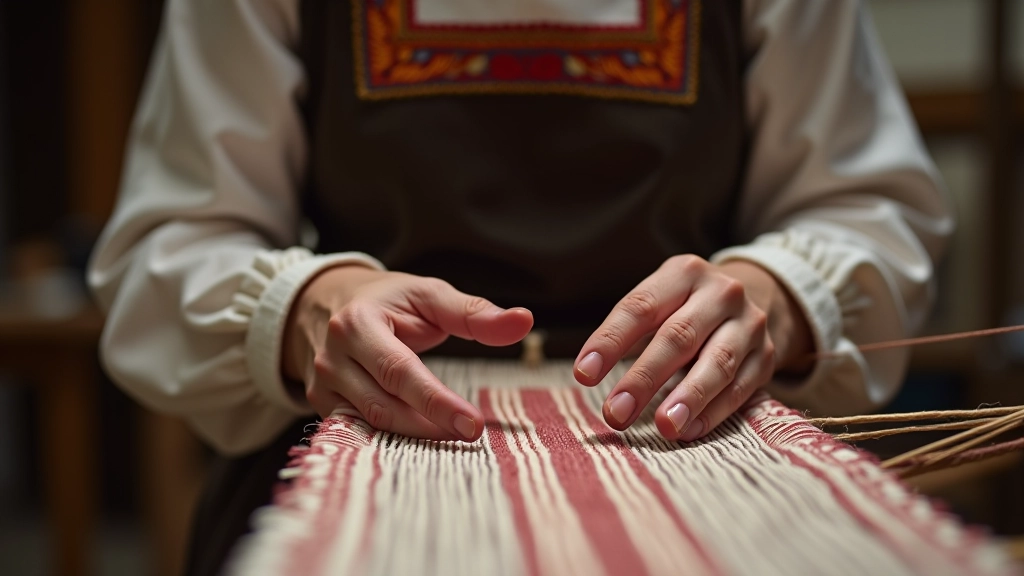 Close-up of hands pressing down on warp threads during tension release motion on traditional belt loom