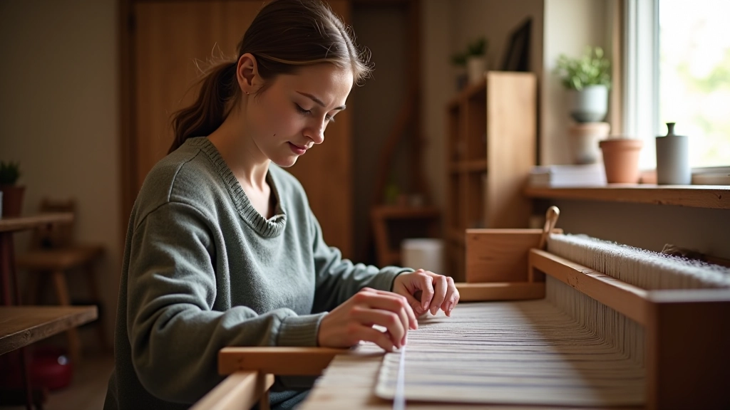 Wide shot of weaver working at traditional Latvian belt loom showing full body positioning